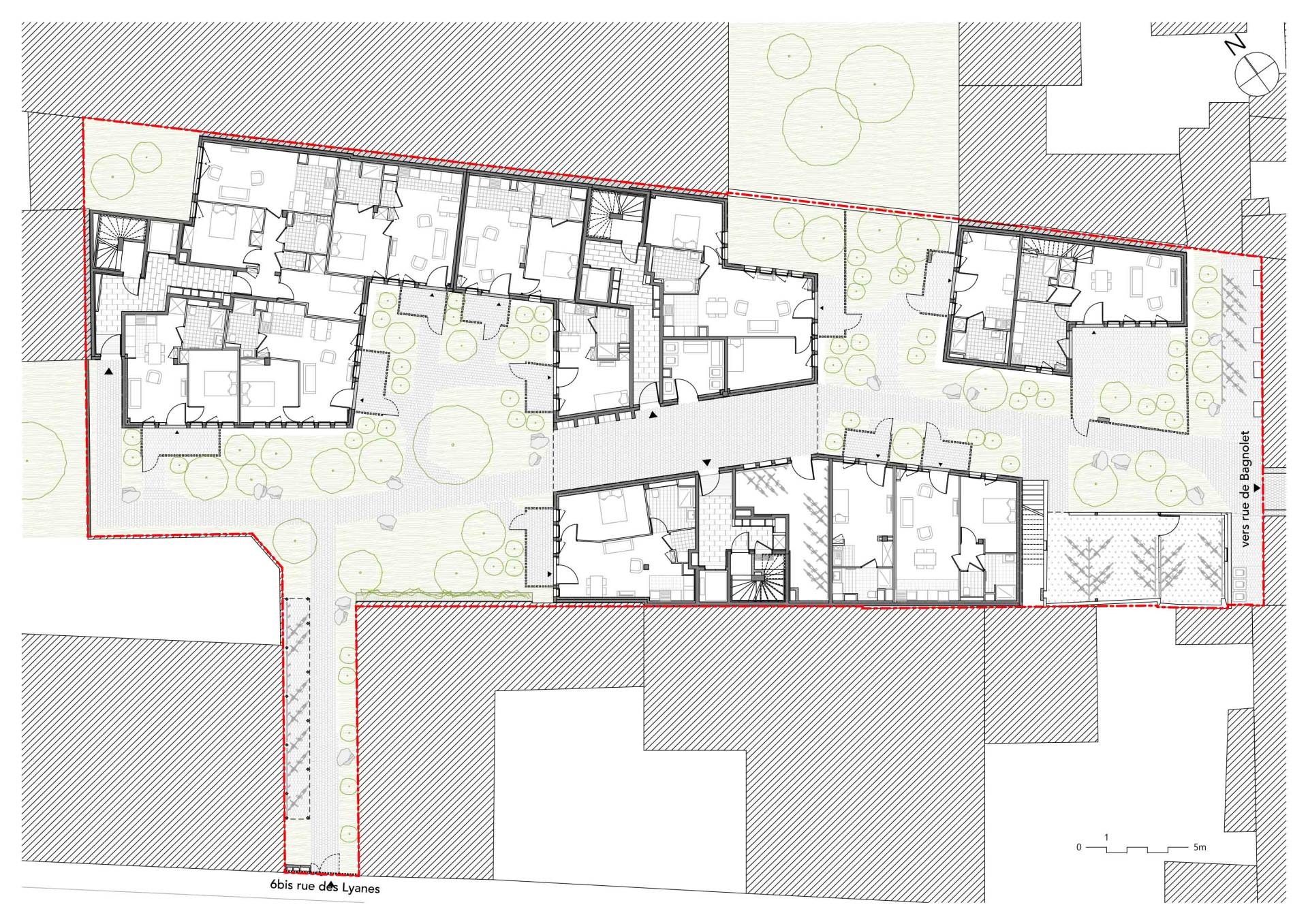 50 logements en structure bois à Paris XXe - Plan de rez-de-chaussée