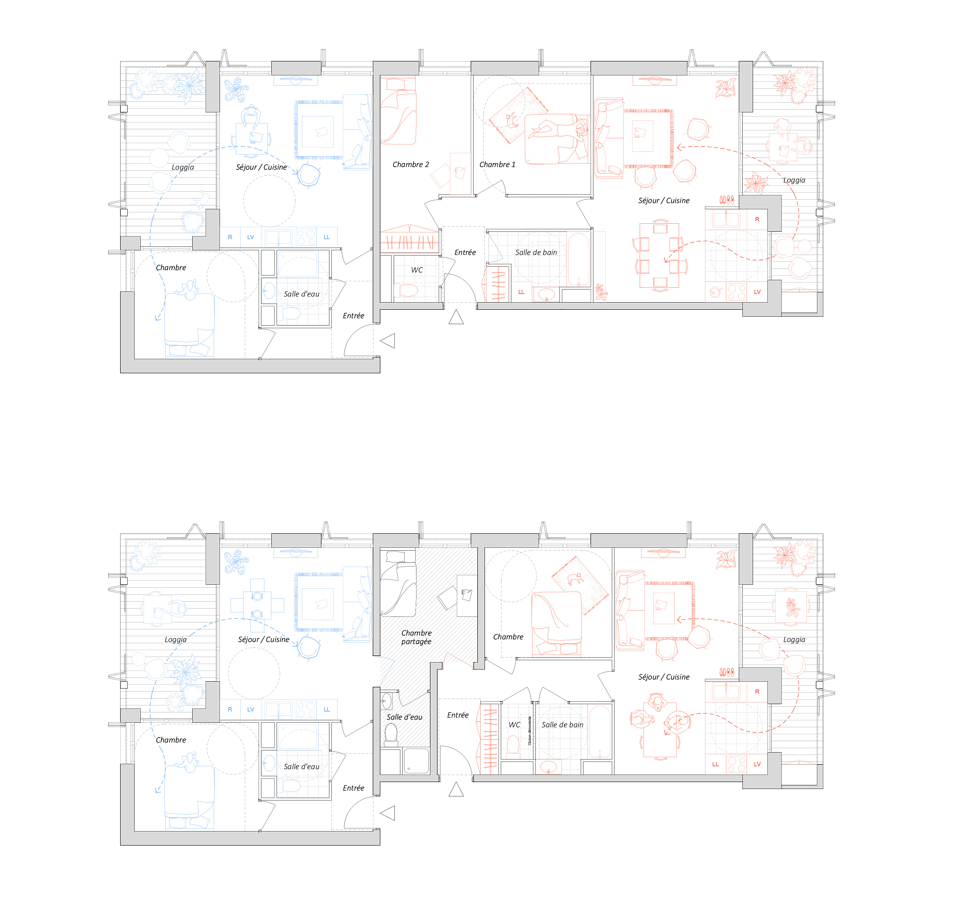 110 logements bois-paille à Paris ZAC Python Duvernois - Plans des typologies évolutives